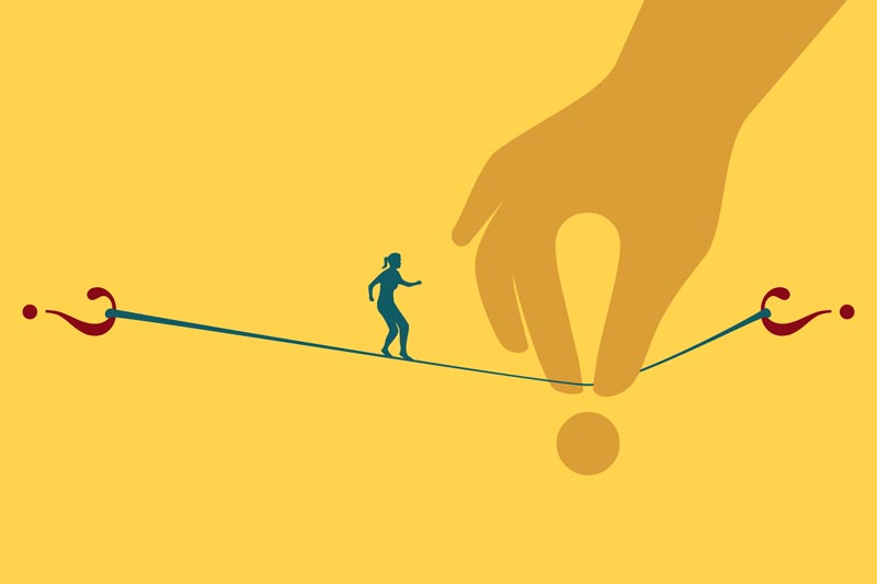 A woman walks on a rope while the hand of God shakes it