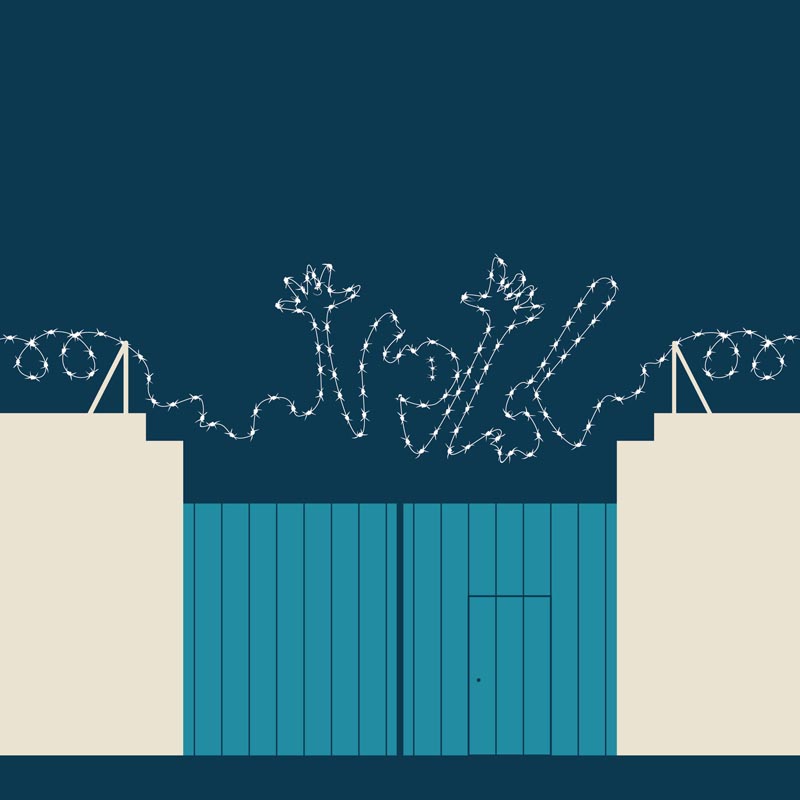 Blue door and barbed wire with shapes similar to Picasso's Guernica.