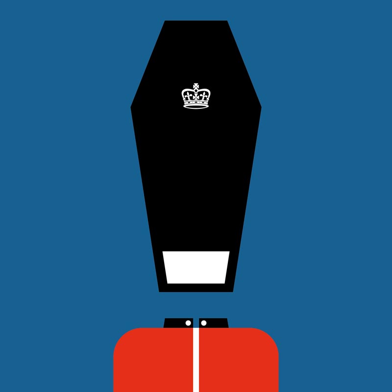 British royal guard with coffin as a hat.