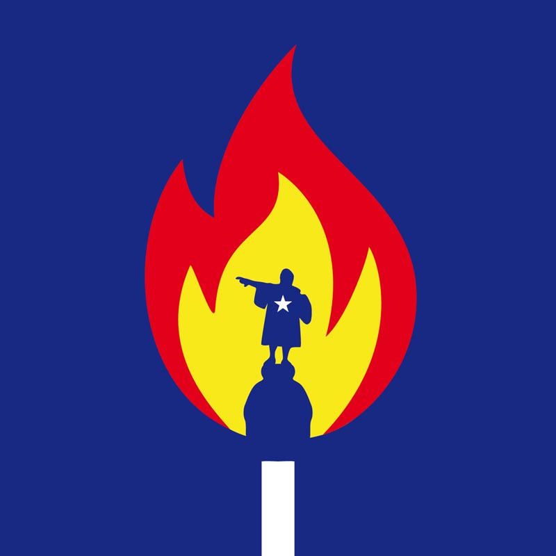 The Columbus statue in Barcelona, with the independence star, burning.