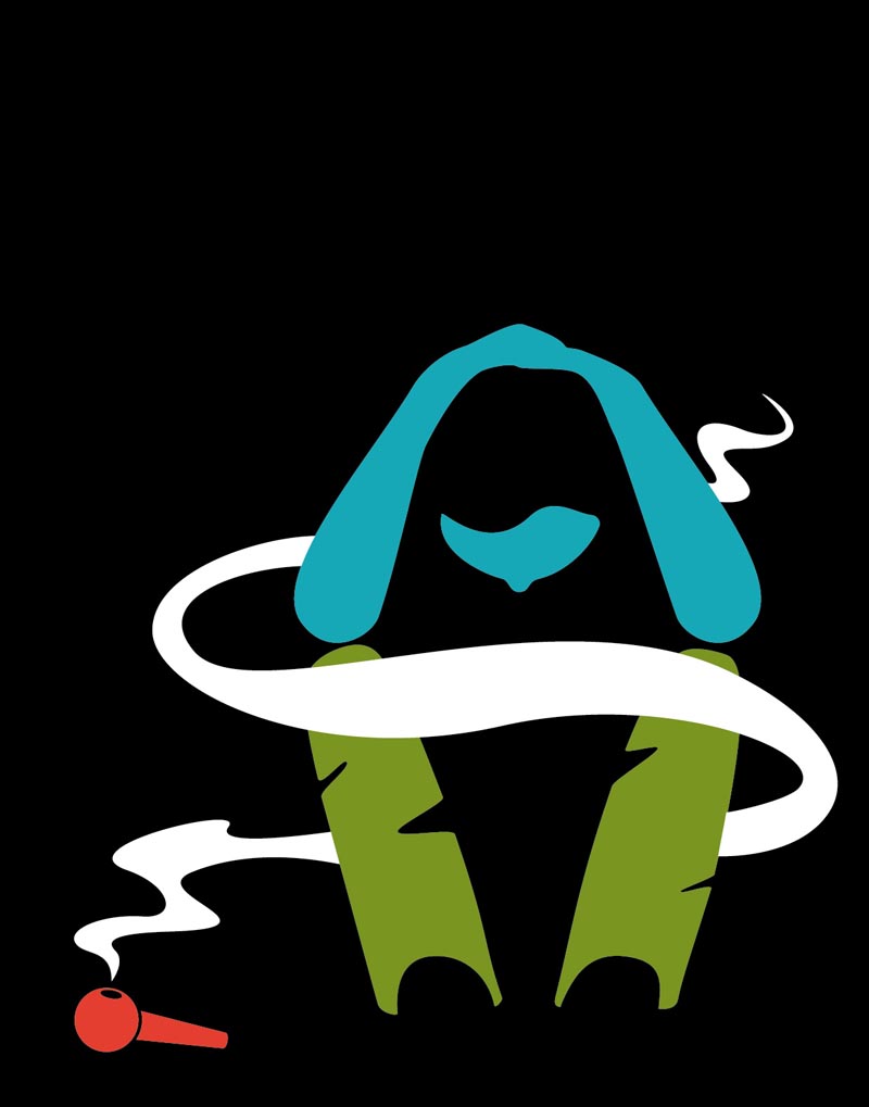 Young man with methamphetamine pipe, smoke surrounds him and catches him