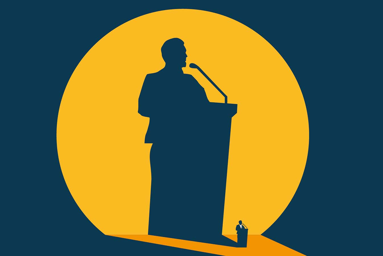 A spotlight illuminates a politician, and his shadow presents an exaggerated version of the character