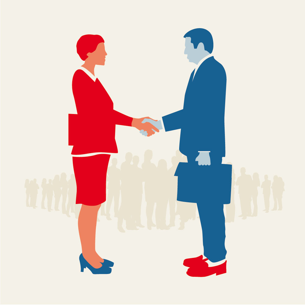 Two politicians, man and woman, with changed shoes.