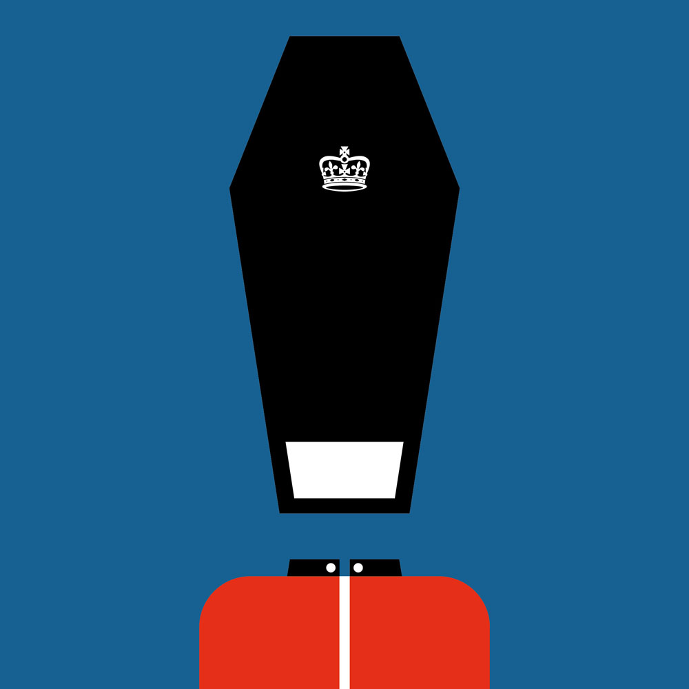 British royal guard with coffin as a hat.