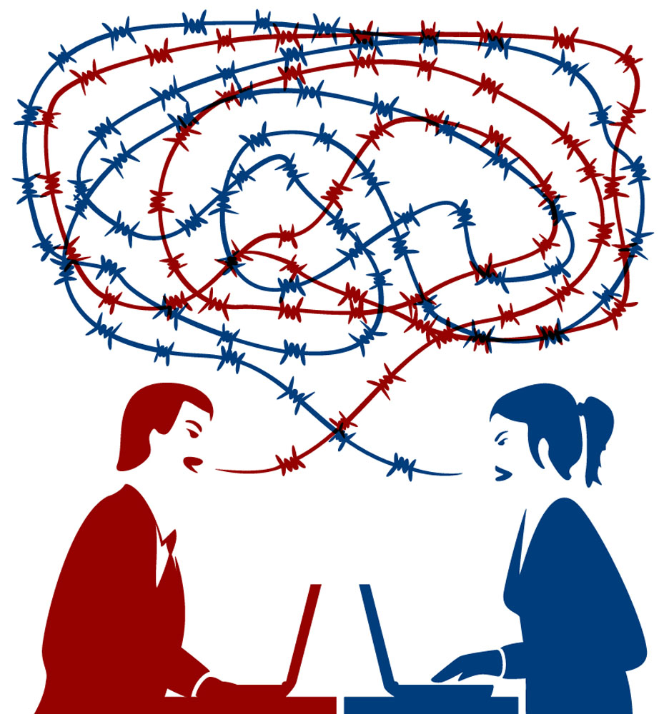 A man and a woman argue. Barbed wire comes out of his mouth and tangles