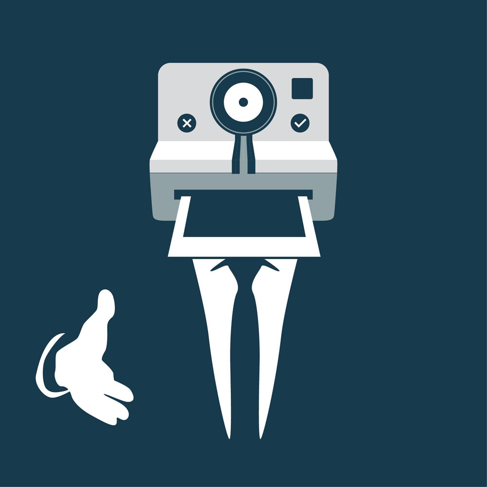 A Polaroid-headed businessman holds out his hand while photographing a first impression.