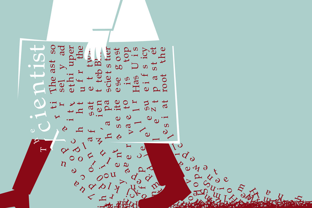 A scientist carries a magazine from which the letters fall