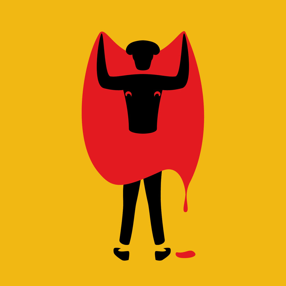 Portrait of a bullfighter with swords. The torso and arms are the head of a bull