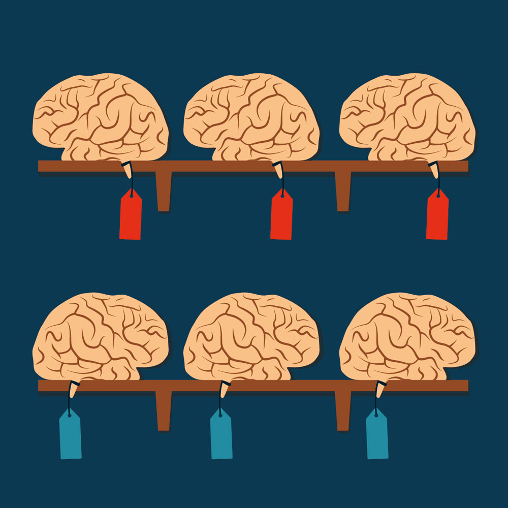 Two shelves with brains labeled in blue or red depending on ideology.